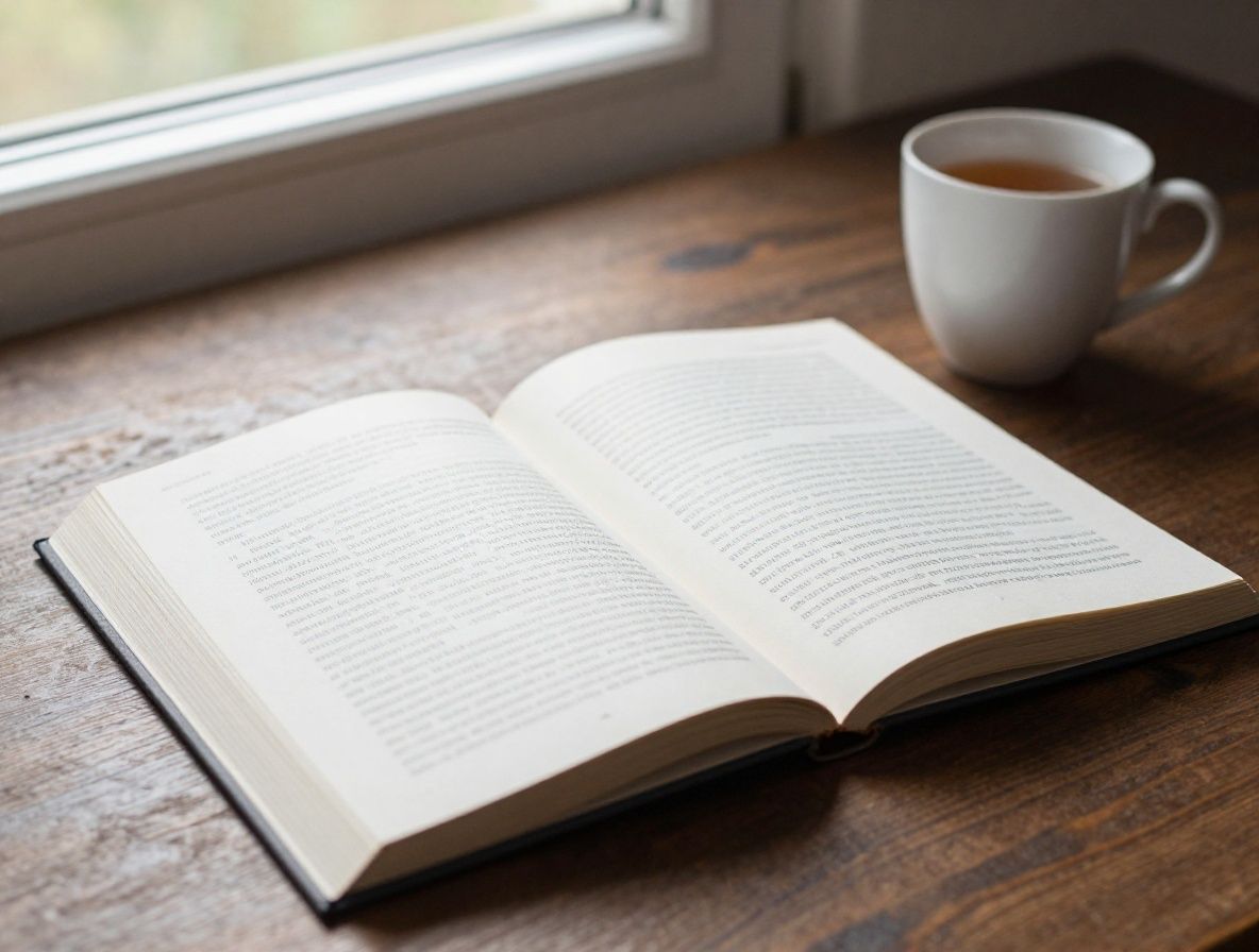 Offenes Buch auf einem Holztisch neben einer Tasse Tee, natürliches Tageslicht durch ein Fenster, ruhige häusliche Atmosphäre