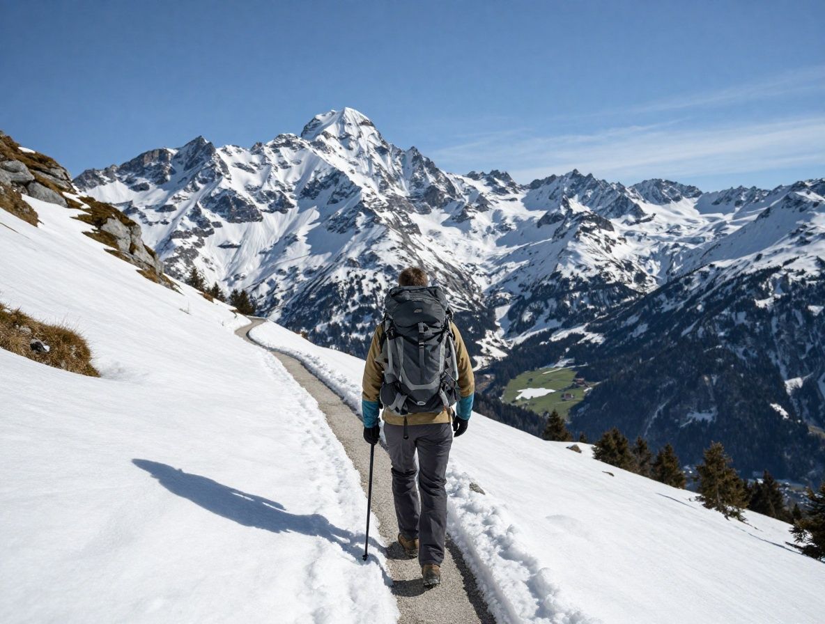 Wanderer auf einem Bergpfad in den Alpen, Rucksack auf dem Rücken, Blick auf weite grüne Täler und schneebedeckte Gipfel, klares Wetter
