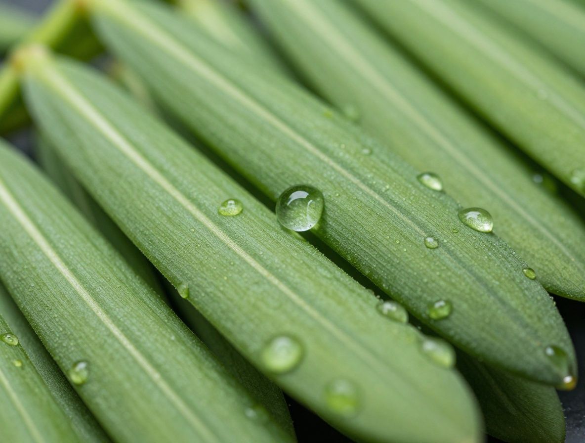 Makroaufnahme von Kräuterpflanzen mit Wassertropfen, grüne Blätter mit natürlicher Textur, dunkler Hintergrund, selektive Tiefenschärfe, natürliches Licht